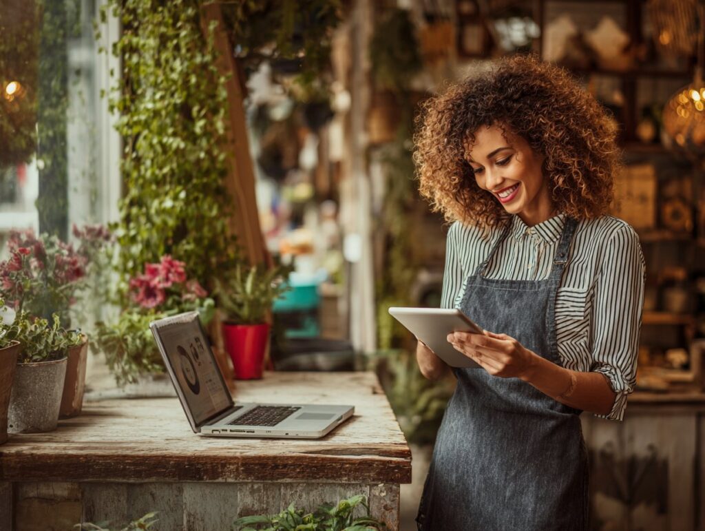 Small business owner managing website content independently on a tablet