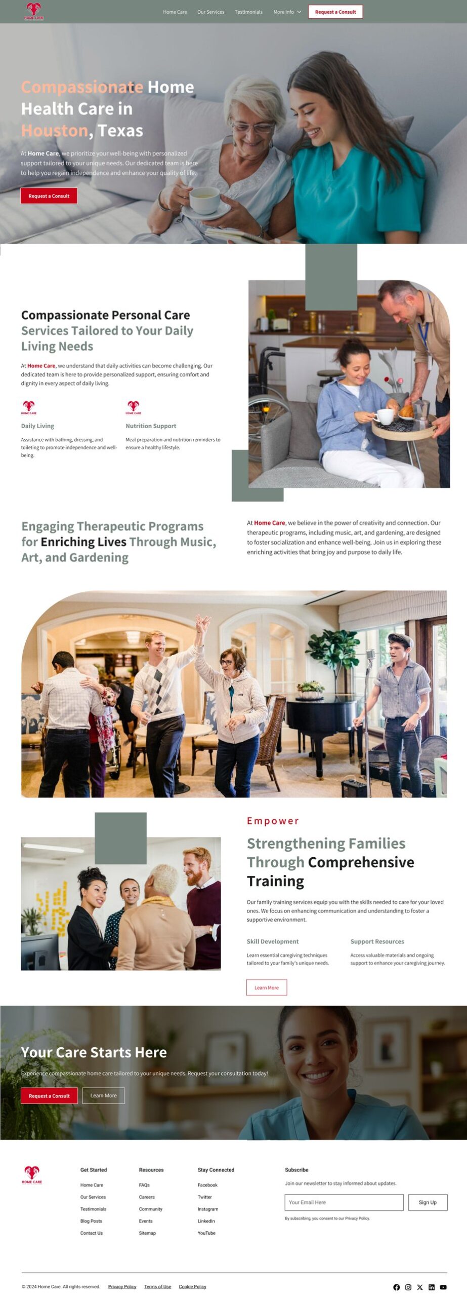 Homepage concept for a care home website design concept with soft colors, clear CTAs, and accessible layout