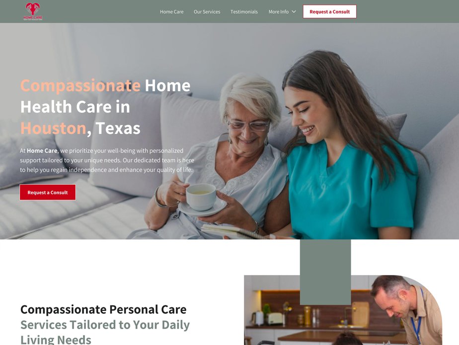 Homepage concept for a care home website with soft colors, clear CTAs, and accessible layout