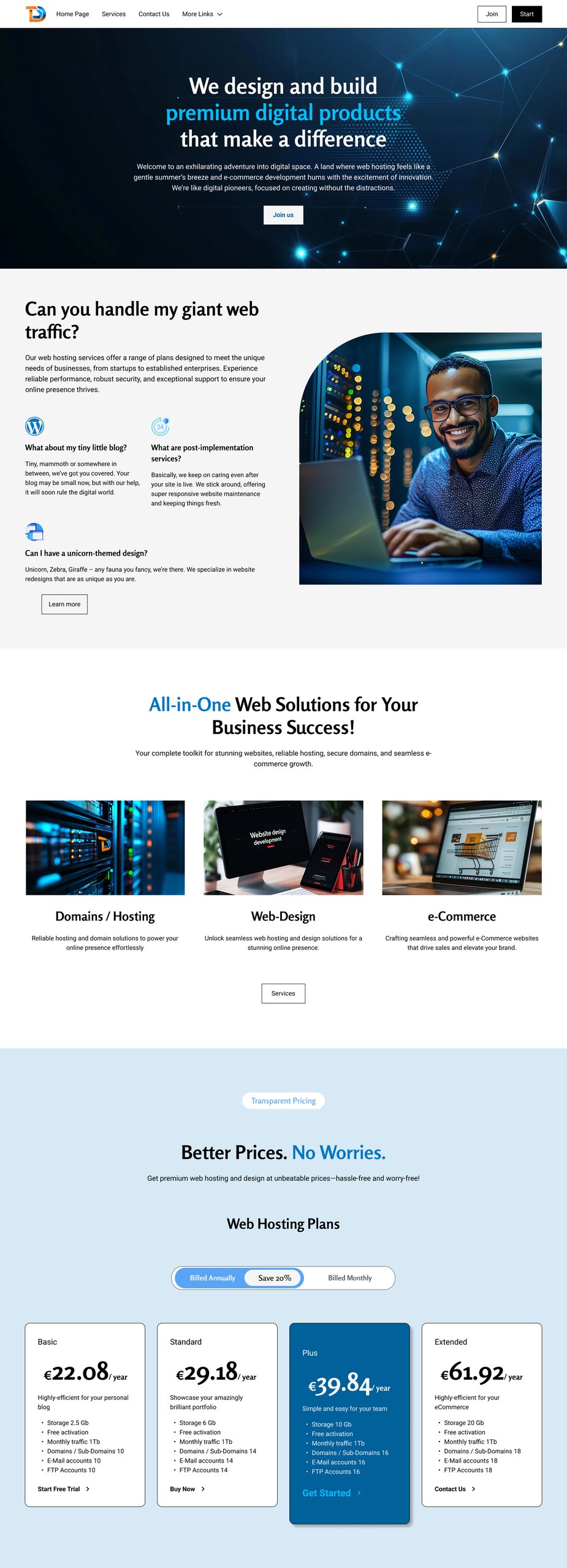 Web Hosting website design for a web hosting provider showcasing custom branding, WooCommerce plans, and all-in-one digital services
